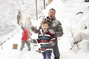 Family Having Snowball Fight In Snowy Landscape