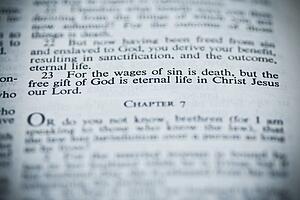 the new american standard bible open to romans 6: 23