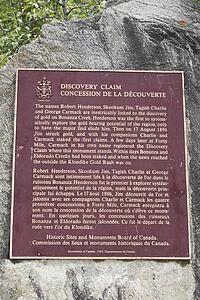 dawson city, yukon territory, canada; a discovery claim plaque of the klondike gold rush along chilkoot trail in chilkoot pass