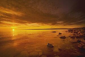 northwest territories, canada; coastline of the arctic ocean at sunset
