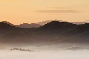 tennessee, united states of america; fog filled valley and mountains at sunrise in the great smoky mountains national park