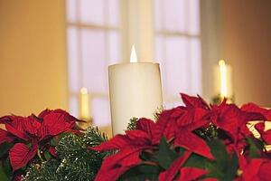 edmonton, alberta, canada; table center piece with poinsettias and candles lit