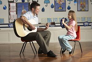 Male Teacher Playing Guitar With Pupil In Classroom