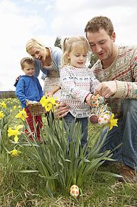 Family On Easter Egg Hunt In Daffodil Field