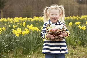 Young Girl Holding Basket Of Decorated Eggs In Daffodil Field