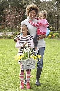 Mother And Children Holding Basket Of Daffodils In Garden