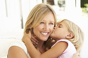 Daughter Giving Mother Kiss Relaxing On Sofa