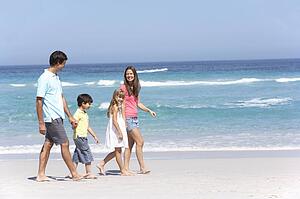 Family Walking Along Sandy Beach