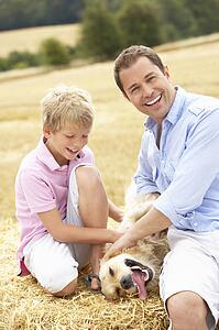 Father And Son Sitting With Dog On Straw Bales In Harvested Field
