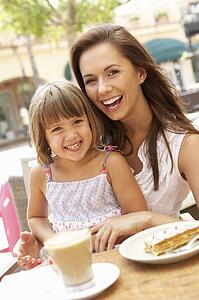 Mother And Daughter Enjoying Cup Of Coffee And Piece Of Cake In Café