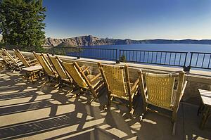 lounge chairs overlooking crater lake; oregon, united states of america