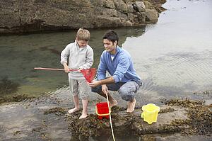 Father and son on beach