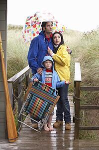 Family on beach with umbrella