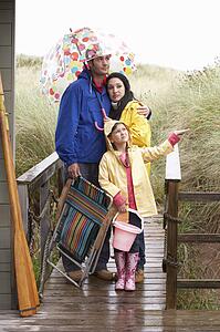 Family on beach with umbrella