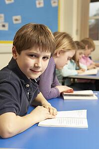 Schoolboy Reading Book In Classroom