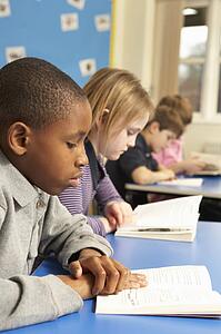 Schoolboy Reading Book In Classroom