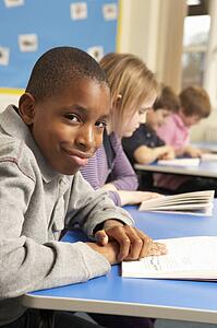 Schoolboy Reading Book In Classroom