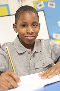 Schoolboy Studying In Classroom