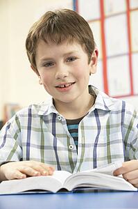Schoolboy Studying Textbook In Classroom