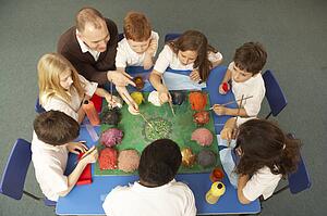 Overhead View Of Schoolchildren Working Together At Desk