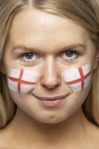 Young Female Sports Fan With St Georges Flag Painted On Face