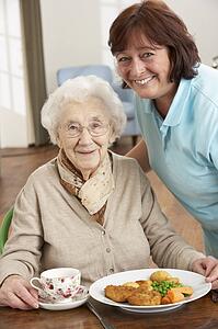 Senior Woman Being Served Meal By Carer