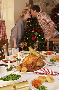 Young couple kissing under mistletoe at Christmas