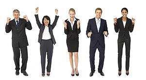 Triumphant group of businessmen and women