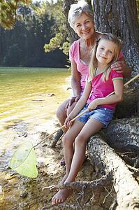 Woman and girl fishing together
