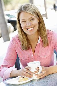 Woman sitting at sidewalk cafÃ©