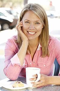 Woman sitting at sidewalk cafÃ©