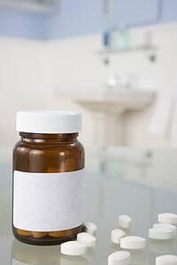 Pills on bathroom shelf
