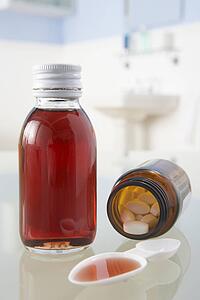 Pills and medicine on bathroom shelf