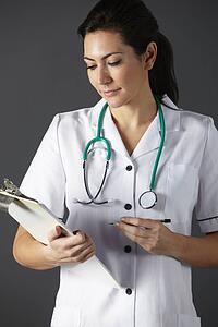 American nurse with stethoscope and clipboard