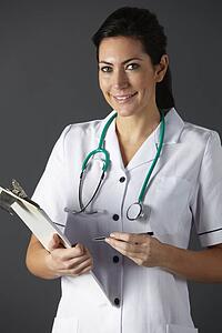 American nurse with stethoscope and clipboard