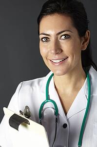American nurse with stethoscope and clipboard