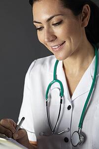 American nurse with stethoscope and clipboard