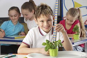 Boy learning about plants in school class