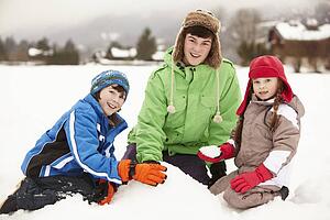 Group Of Children Building Snowman Wearing Woolly Hats