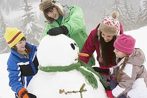 Group Of Children Building Snowman On Ski Holiday In Mountains