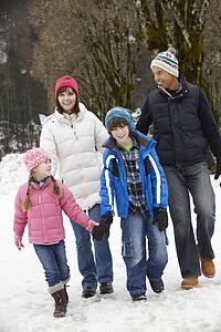 Family Walking Along Snowy Street In Ski Resort