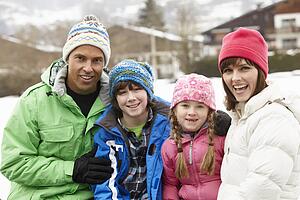 Portrait Of Family Wearing Winter Clothes In Snowy Landscape